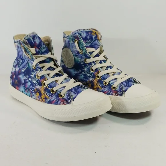 Converse Chuck Taylor All Star Floral Blue Purple Hi Top Sneakers 7 - Picture 3 of 13